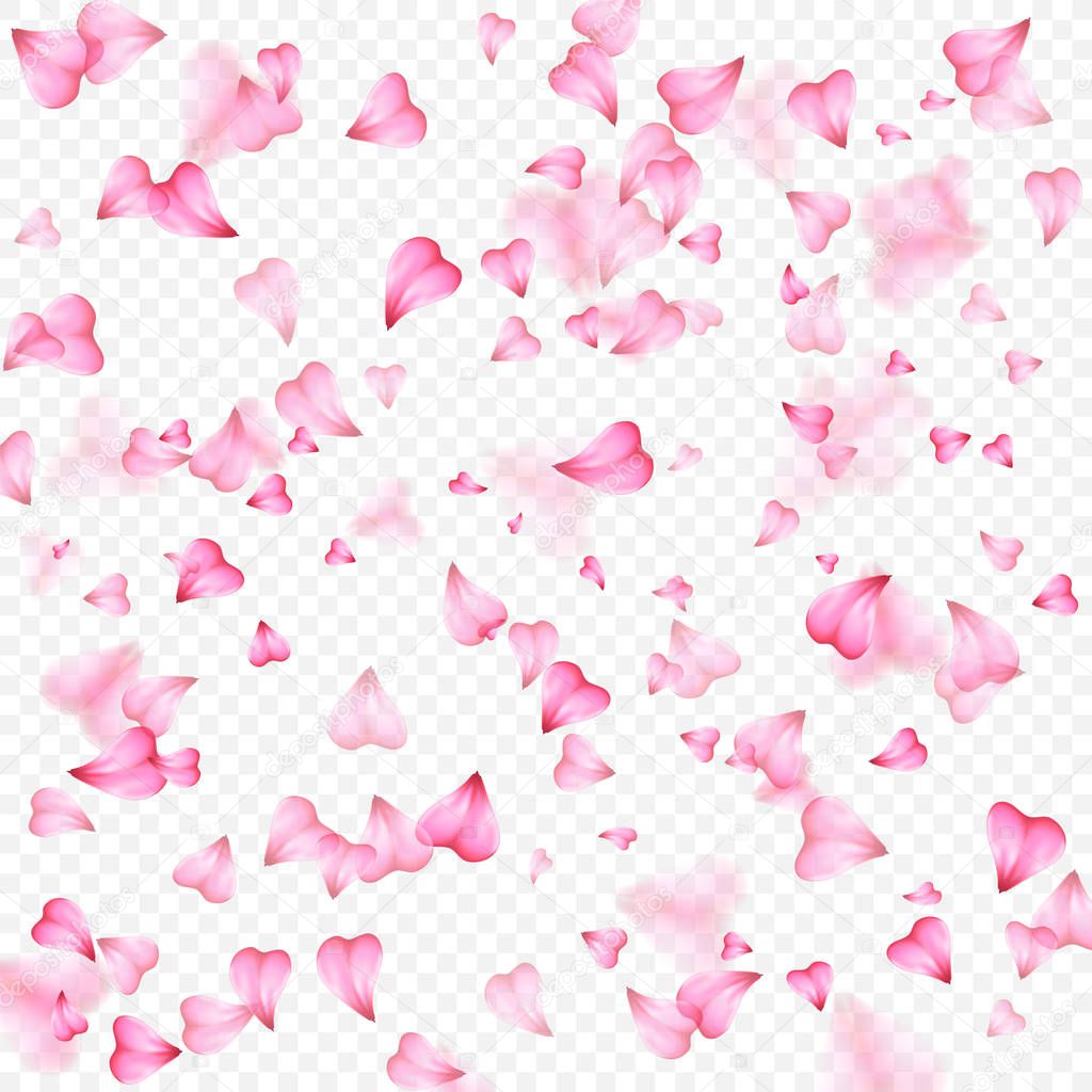 Valentines Day romantic background of pink hearts petals falling. Realistic flower petal in shape of heart confetti. Love theme. Wedding item. Decor element for greeting cards or gift packages