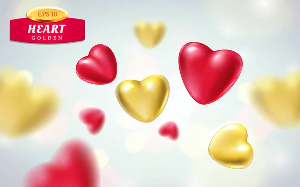 Goldene, rote realistische Herzen isoliert auf hellem Hintergrund. 3D-Vektorillustration der luxuriösen Herzform in verschiedenen Ansichten. Glückliche Valentinstag Grußkarte oder Hochzeitsschild. Liebe, Romantik Thema — Stockvektor