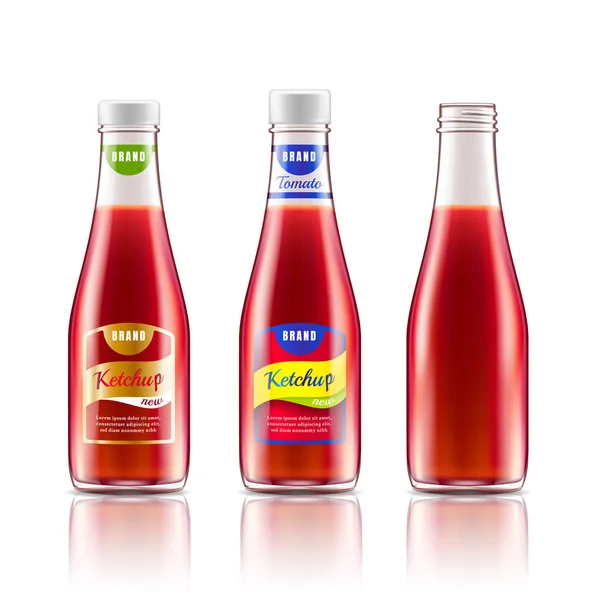 Garrafa de vidro com ketchup, suco de tomate ou molho. Modelo de design do pacote. Tema de comida e bebidas. Vetor realista ilustração 3d — Vetor de Stock