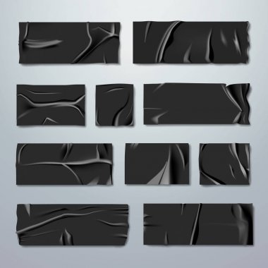 Adhesive or masking tape set. Black rubber insulating tape with folds with ripped edges isolated on background. Fixation or gluing. Repair or packaging theme. Stationery. Vector realistic clipart