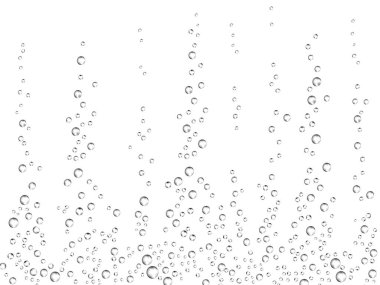 Beyaz arka plan üzerinde fizzing hava kabarcıkları. Sualtı oksijen doku su veya içki. Maden suyu, şampanya, köpüklü şarap, limonata, akvaryum, deniz, okyanus gazlı kabarcıkları. Gerçekçi 3d çizim