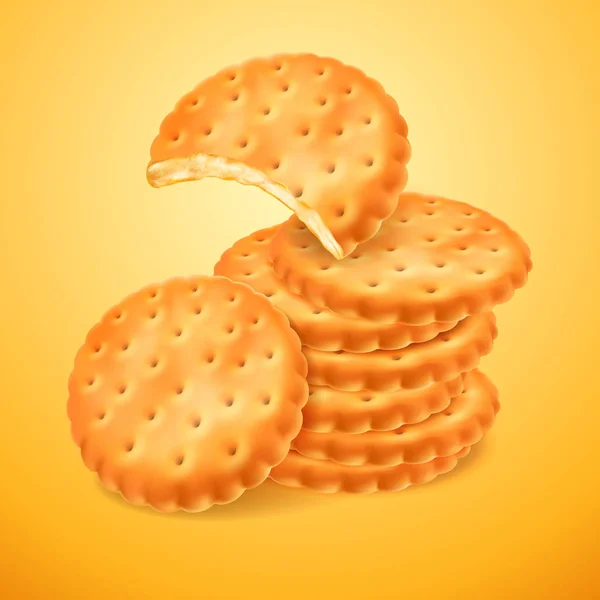 Round delicious cookies or crackers isolated on yellow background. The bitten shape of biscuit. Crispy baking. Vector 3d illustration for your design packing or advertising — Stock Vector