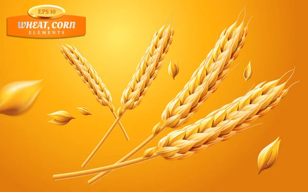 Detaillierte Weizenähren, Hafer oder Gerste auf gelbem Hintergrund. Element natürlicher Inhaltsstoffe. gesunde Ernährung oder Landwirtschaft, Brot oder Getreide Thema. Vektor realistische 3D-Abbildung — Stockvektor