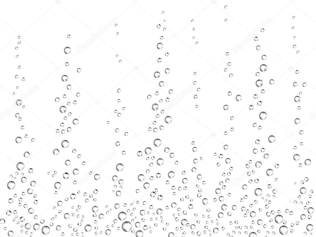 Fizzing air bubbles on white background. Underwater oxygen texture of water or drink. Fizzy bubbles in soda water, champagne, sparkling wine, lemonade, aquarium, sea, ocean. Realistic 3d illustration