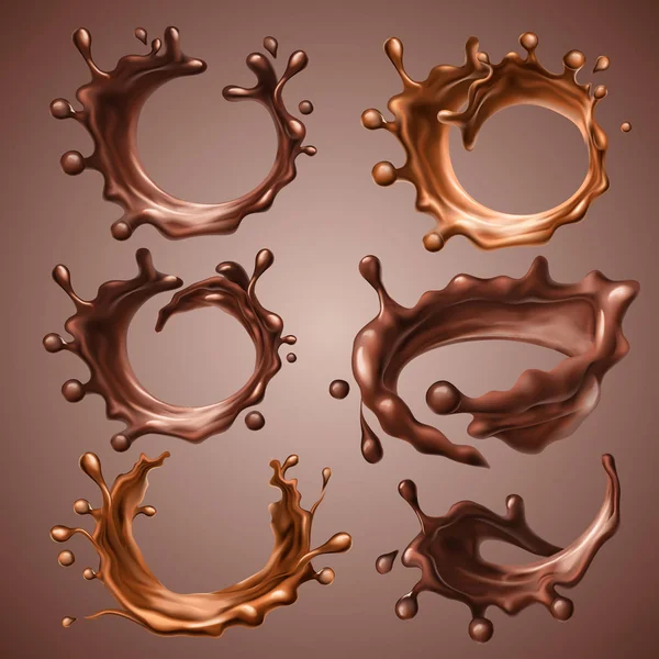 Conjunto de salpicos realistas e gotas de chocolate escuro derretido e leite. Circulo dinâmico salpicos de chocolate líquido turbilhão, café quente, cacau. Elementos de design para embalagem. Ilustração vetorial 3d —  Vetores de Stock