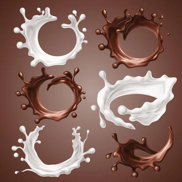 Conjunto de salpicos realistas e gotas de leite e chocolate derretido. Circulo dinâmico salpicos de chocolate líquido turbilhão, produtos lácteos, café, cacau Elementos de design para embalagem. Ilustração vetorial 3d — Vetor de Stock