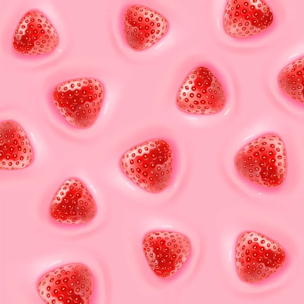 Trozos realistas de fresas flotan en el líquido. Yogur, batidos, mermelada, bebida, compota. Elementos de diseño para embalaje. Sabrosa ilustración .Vector 3d — Archivo Imágenes Vectoriales