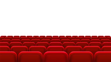 Satırları kırmızı koltuk, arkadan görünüm. Sinema Salonu, sinema, tiyatro, opera, olaylar, boş koltuklarda gösterir. İç öğesi. Vektör gerçekçi 3d çizim