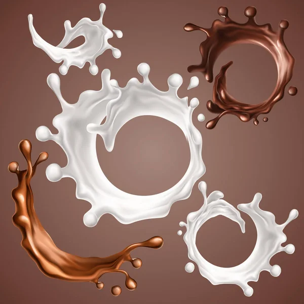 Set di spruzzi realistici e gocce di latte e cioccolato fuso. Schizzi circolari dinamici di cioccolato liquido vorticoso, prodotti lattiero-caseari, caffè, cacao. Elementi di design per il packaging. Vettore 3d — Vettoriale Stock