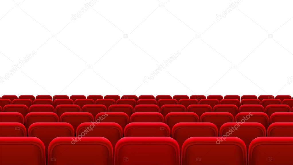Rows of red seats, back view. Empty seats in the cinema hall, cinema, theater, opera, events, shows. Interior element. Vector realistic 3d illustration