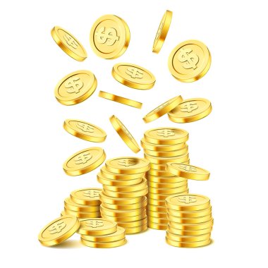 Beyaz arka plan gerçekçi altın sikke yığını. Altın sikke yağmur. Yığın üzerinde düşen para. Bingo ikramiye ya da casino poker ya da kazanmak öğesi. Nakit hazine başarı kavramı şablonu. 3D illüstrasyon vektör