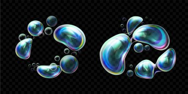 Set of realistic transparent colorful soap bubbles in the deformation. Water spheres with air, soapy balloons, lather, suds, soapsuds. Glossy Foam Balls with bright reflex. Vector 3d illustration clipart