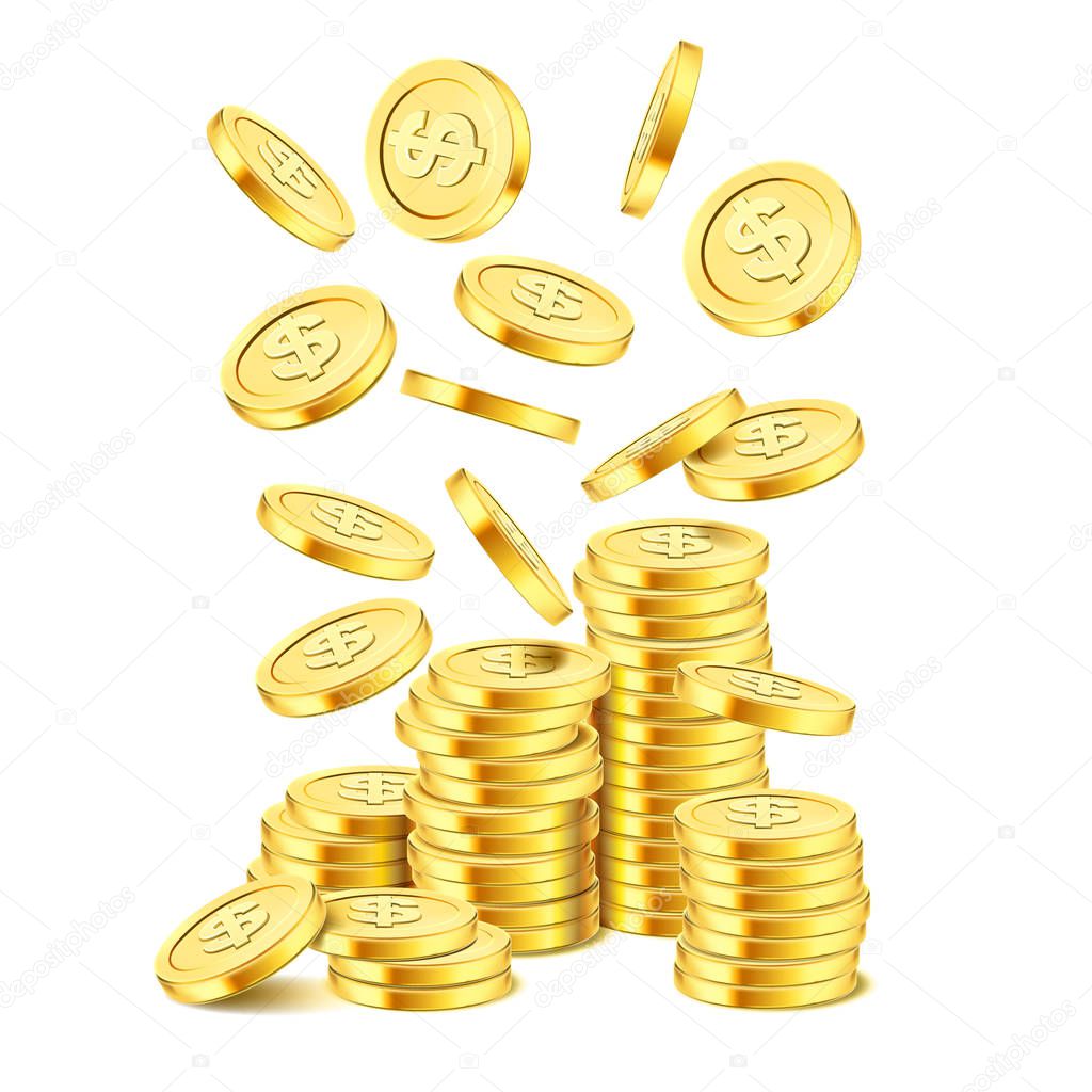 Realistic gold coin stack on white background. Rain of golden coins. Falling money on pile. Bingo jackpot or casino poker or win element. Cash treasure success concept template. Vector 3d illustration