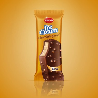 Ambalaj üzerinde turuncu arka plan izole tasarım bar dondurma. Vektör dondurma gevrek Fındıklı çikolata sır. Kurdele ile yeni metin etiketi şablonu. 3D gerçekçi illüstrasyon