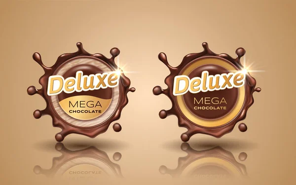 Set di etichette di design deluxe in colore oro isolato su sfondo. Girare spruzzi dinamici di cioccolato fondente. Bordo circolare di cioccolato e gocce. Elemento di design dell'imballaggio. Illustrazione vettoriale 3d — Vettoriale Stock