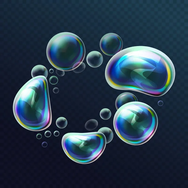 Ensemble de bulles de savon colorées transparentes réalistes dans la déformation. Des sphères d'eau avec de l'air, des ballons savonneux, de la mousse, de la mousse, des savons. Boules de mousse brillantes avec réflexe lumineux. Illustration vectorielle 3d — Image vectorielle
