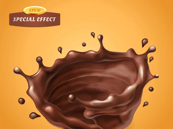 Salpicar crema de chocolate o salsa de remolino aislado sobre fondo naranja. Efecto de flujo especial vectorial. Onda líquida con gotitas. Elemento de diseño de embalaje para publicidad de productos. ilustración 3d — Vector de stock