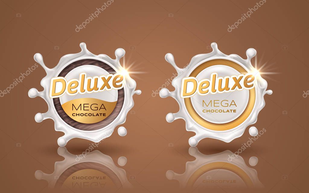 Set of deluxe design labels in gold color isolated on background. Swirl dynamic splash of milk. White chocolate circular border and drops. Packaging design element. Vector 3d illustration.