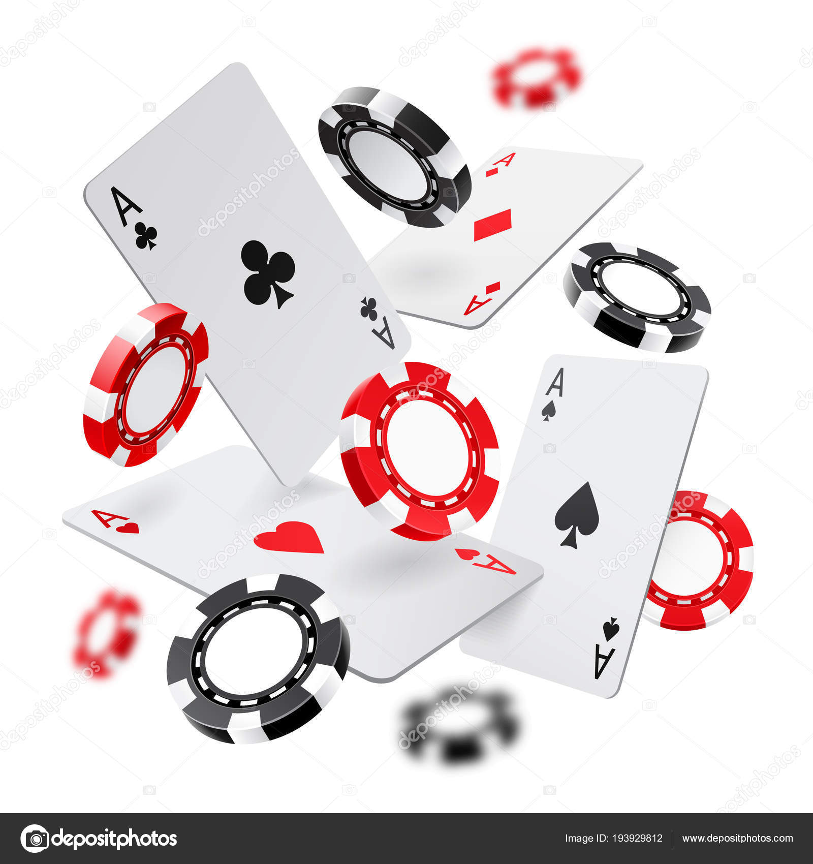 Falling aces and casino chips with blurred elements on white background. Playing cards, red and money chips fly. The concept of winning or gambling. Poker and card games. Vector illustration Stock