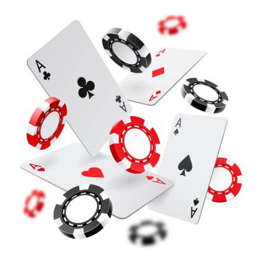 Aslar ve casino fişi bulanık elemanları ile beyaz zemin üzerine düşüyor. İskambil, kırmızı ve siyah para sinek fişleri. Kazanmak ya da kumar kavramı. Poker ve kart oyunlarından oluşan. Vektör çizim