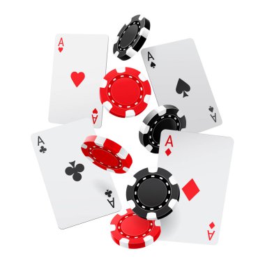 Aslar ve casino fişi üzerinde izole beyaz arka plan ile düşüyor. İskambil, kırmızı ve siyah para sinek fişleri. Kazanmak ya da kumar kavramı. Poker ve kart oyunlarından oluşan. 3D illüstrasyon vektör