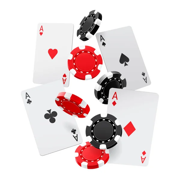 Assi cadenti e fiches da casinò con isolati su sfondo bianco. Carte da gioco, gettoni rossi e neri volano. Il concetto di vincere o giocare d'azzardo. Poker e giochi di carte. Illustrazione vettoriale 3d — Vettoriale Stock