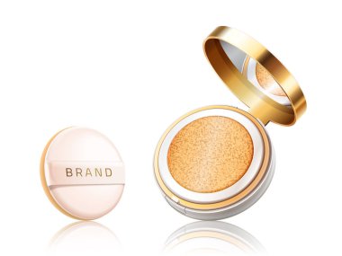 Kozmetik Vakfı davası. Açık konteyner sıvı temel veya toz Beyaz arka plan üzerinde izole yastık ile. Paket tasarım öğeleri. Vektör gerçekçi 3d çizim