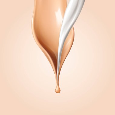 Sıvı temel öğeleri. Arka plan üzerinde izole akışı bej sıvı ve beyaz sıvı krem doku. Vektör gerçekçi 3d çizim