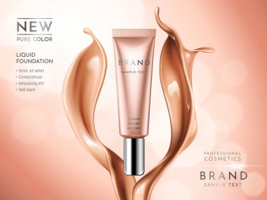 Premium sıvı temel reklamları. Kozmetik tüp sıvı krem dokulu glitter bokeh arka plan üzerinde izole. Zarif sıçrama ton sıvı. 3D illüstrasyon vektör