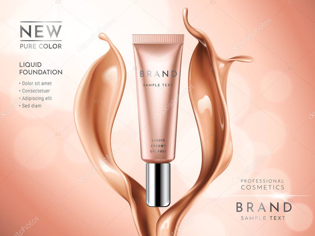 Premium liquid foundation ads. Cosmetic tube with liquid creamy texture isolated on glitter bokeh background. Elegant splash of tonal fluid. Vector 3d illustration