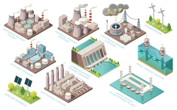 Centrales alternativas de producción de energía y electricidad — Archivo Imágenes Vectoriales