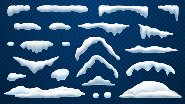 Gorras de nieve realistas vectoriales, hielo del techo y bolas de nieve — Archivo Imágenes Vectoriales