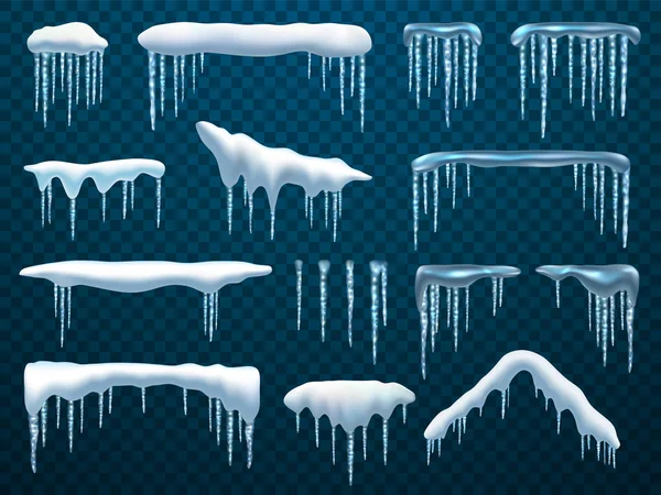 Gorras de nieve realistas vectoriales, carámbanos colgantes — Vector de stock