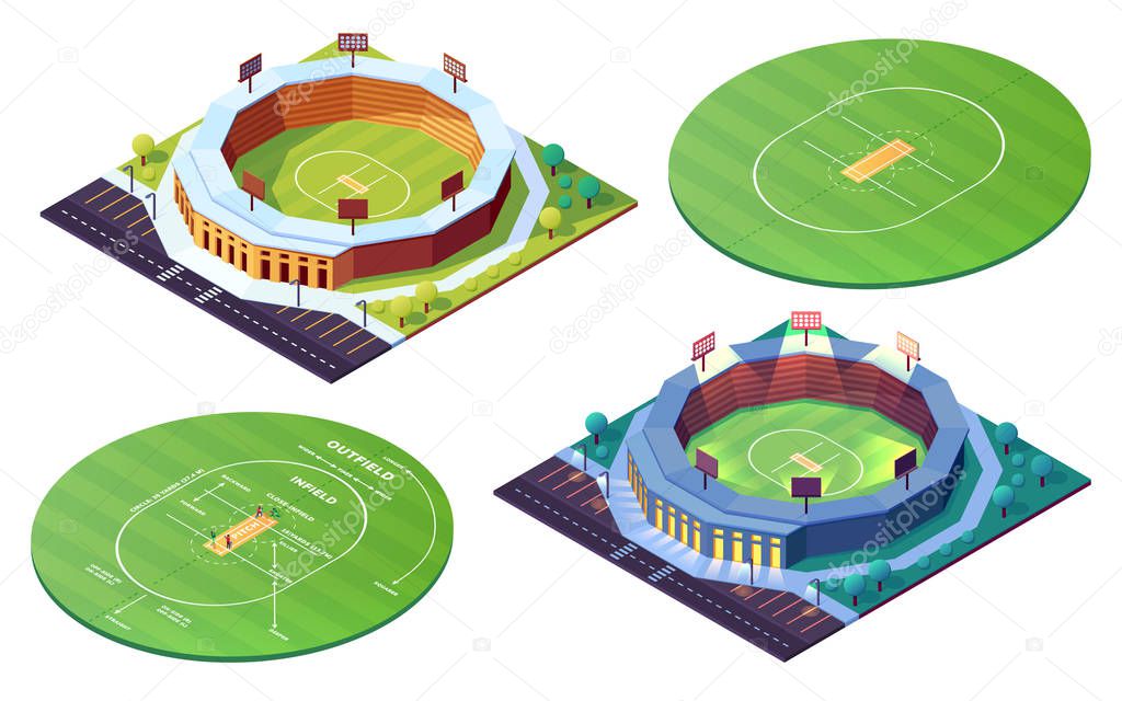 Cricket pitch or grass field and sport stadiums