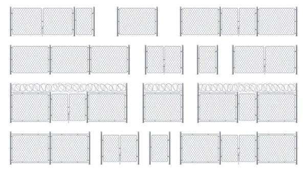 Conjunto de cercas de elos de corrente isolados e arames farpados — Vetor de Stock