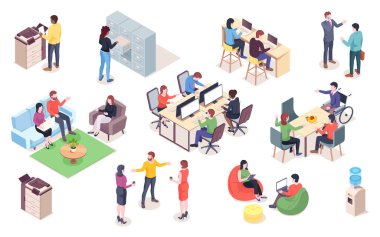 İnsanlarla vektör ofis elemanları kümesi. İş