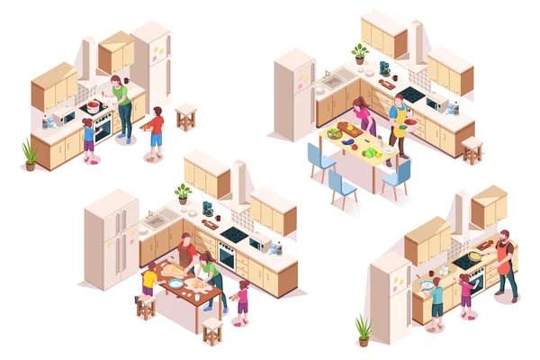 Set von 3D-Küche Interieurs mit Familie Kochen — Stockvektor