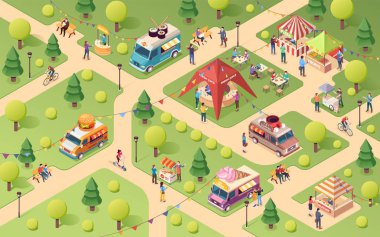 Yaz parkı sokak yemekleri festivalinde. Kamyonet ve çadır