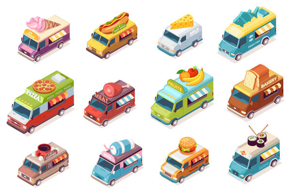 Set of isolated street fast food and drink trucks