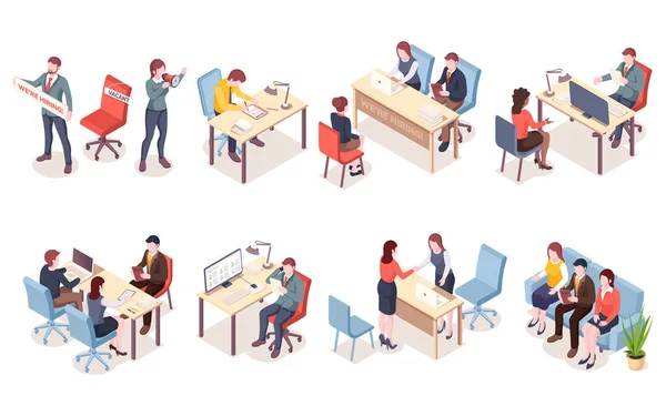 Recruitment agency workers in isometric view — Stock Vector
