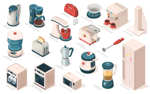 Conjunto de electrodomésticos de cocina, equipo, artículo para cocinar — Vector de stock