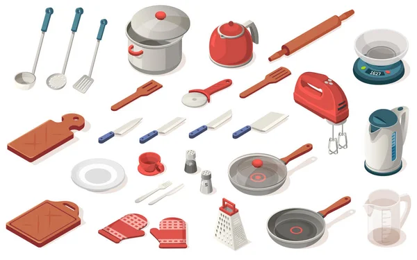 Set de utensilios de cocina, comida, equipo, electrodomésticos — Vector de stock