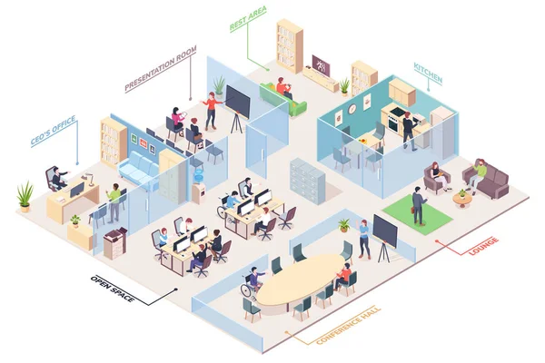 Isometrisk kontordesign. Forretningscenter plan – Stock-vektor