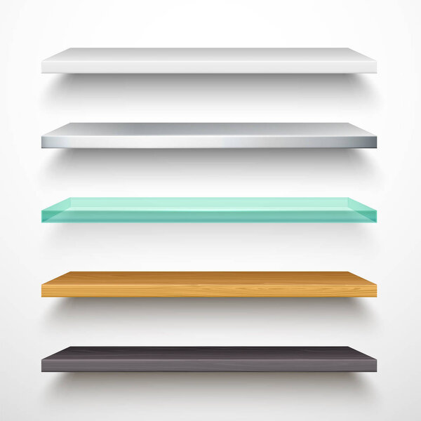 Realistic book shelves of glass, wood and metal