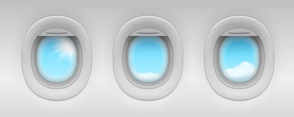 Ciel bleu et nuages derrière les hublots d'avion — Image vectorielle