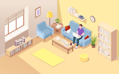 Isometric living room with man freelancer