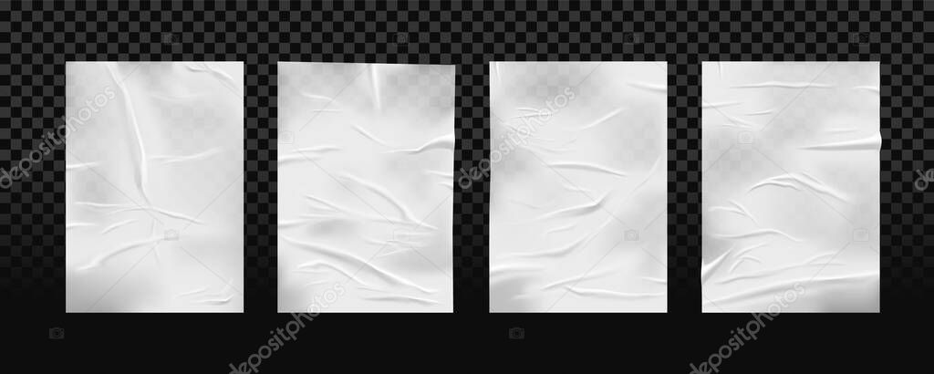 Set of isolated white glued wrinkled paper