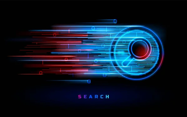 Neon red blue magnifier, internet search engine — Stock Vector