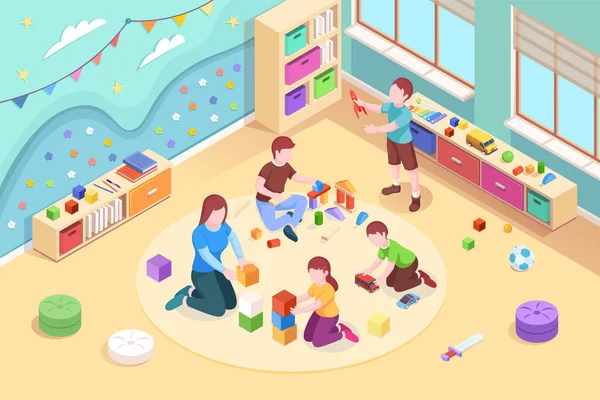 Изометрическая детская комната с играющими детьми — стоковый вектор