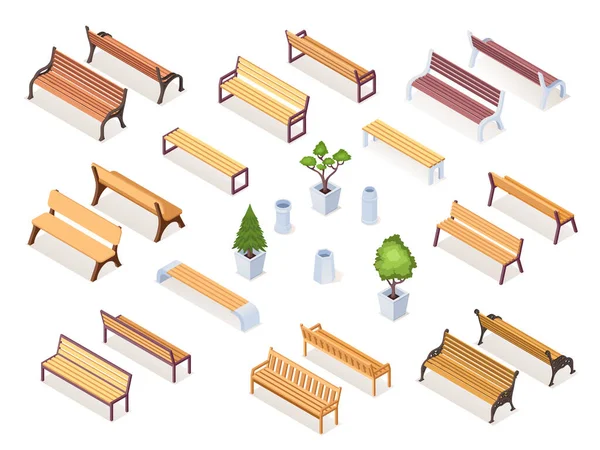 等尺寸木制长椅或公园椅,花园花瓶 — 图库矢量图片